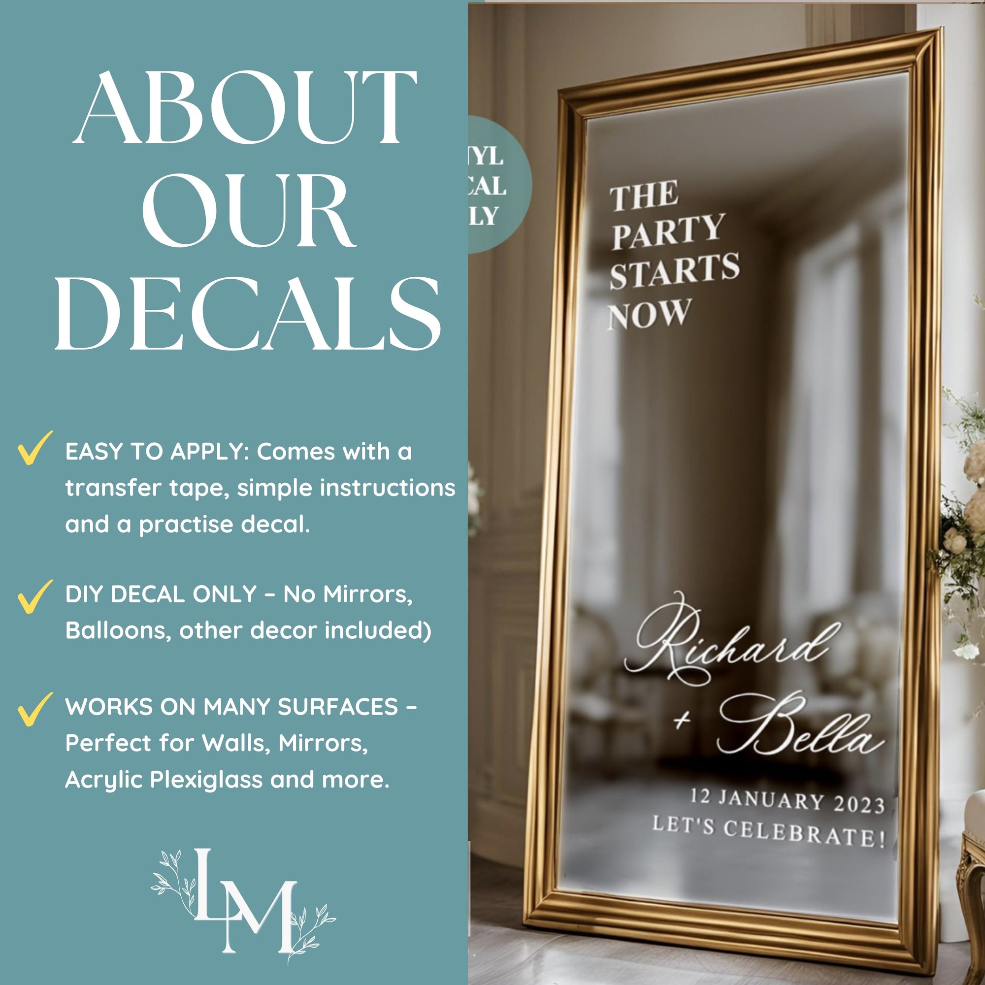 Party Starts Now Decal for Wedding Welcome Mirror