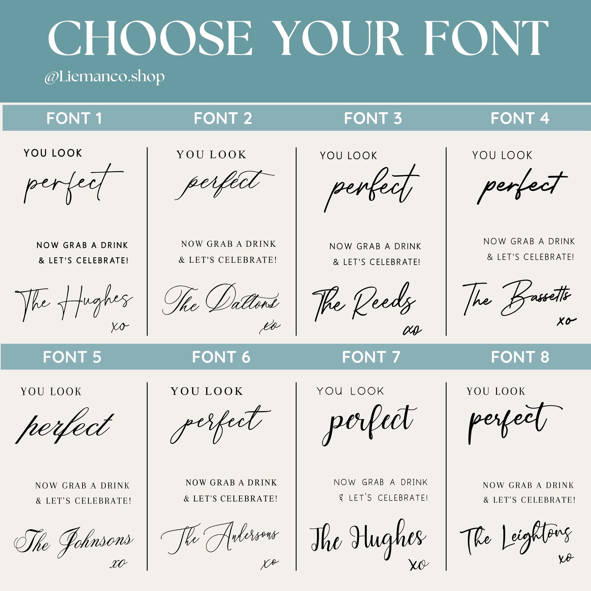 Font selection chart with various font styles and personalized text options on a teal background.