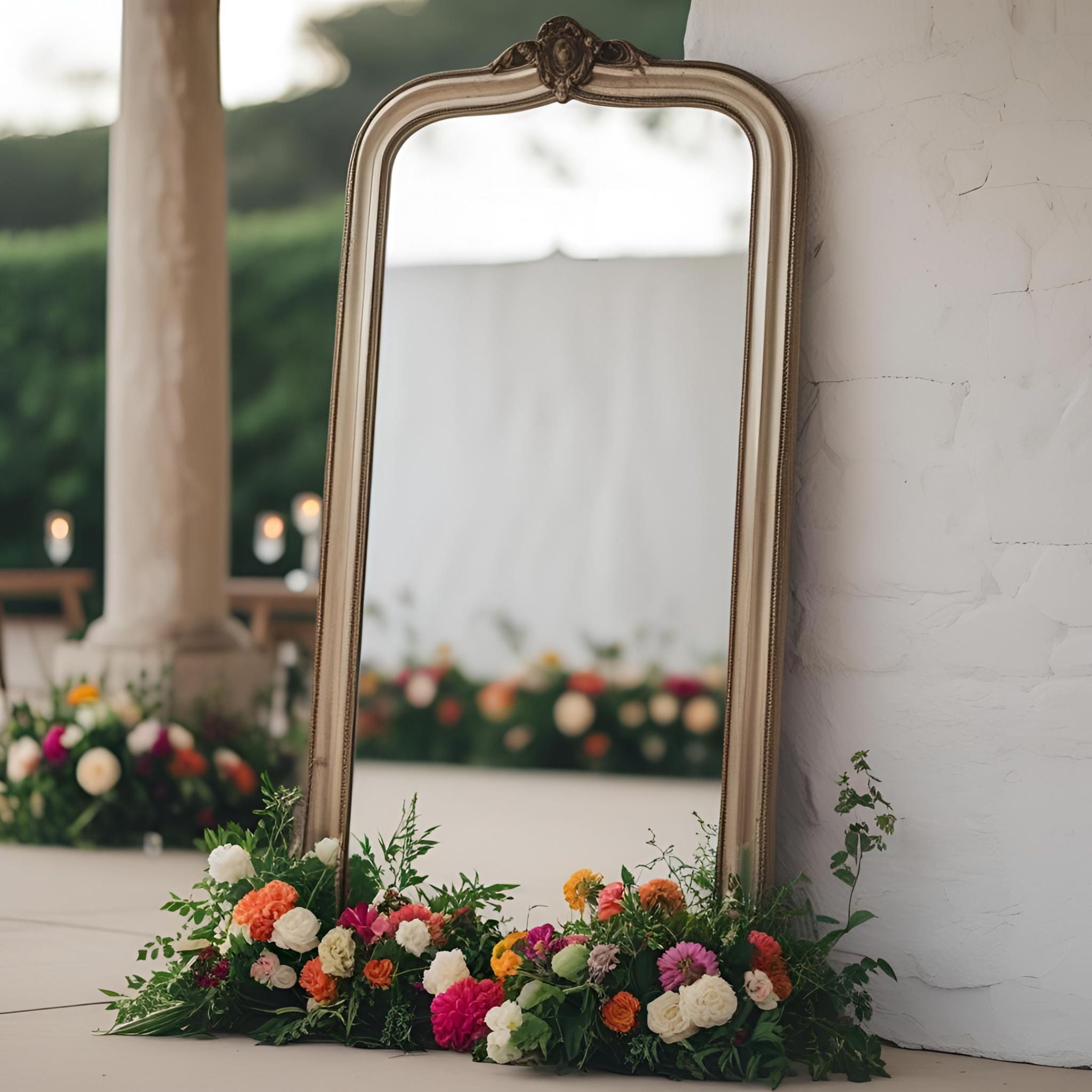 Decorative mirror with floral arrangement at the base in an outdoor setting