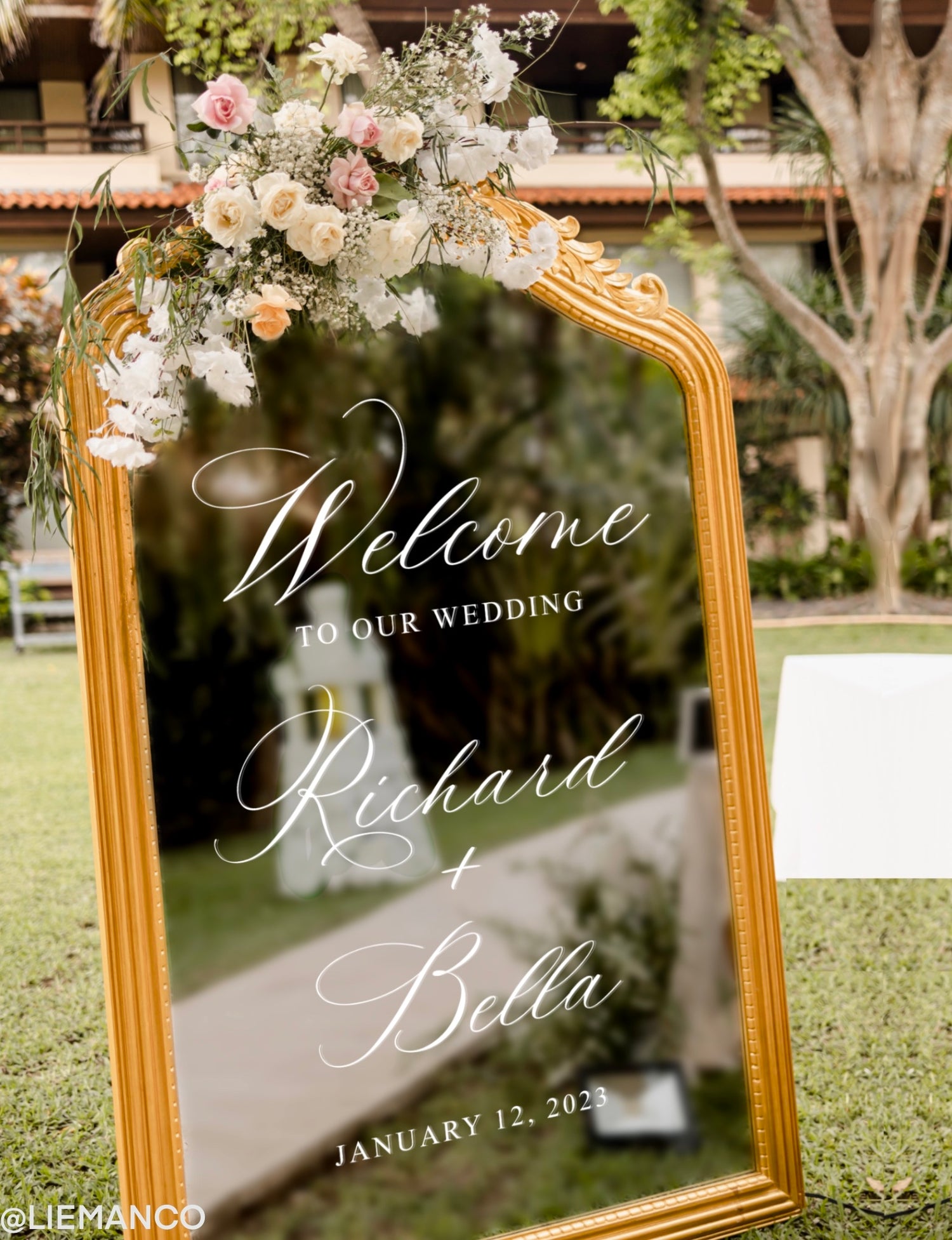 Custom wedding mirror vinyl decal with a welcoming message, 'Hello Friends - You look incredible. Now go grab a drink.' perfect for creating a personalised greeting at wedding receptions or events.