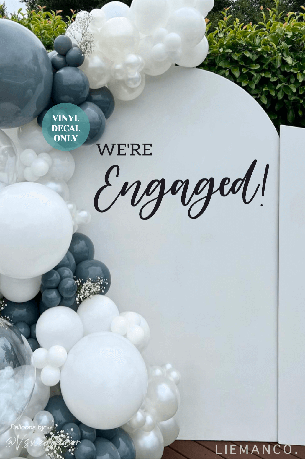 Customizable engagement decal with names in a script font, designed for a welcome sign at engagement parties.