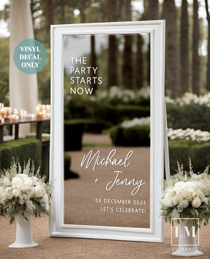 Party Starts Now Decal for Wedding Welcome Mirror