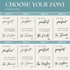 Font selection chart with various font styles and personalized text options on a teal background.